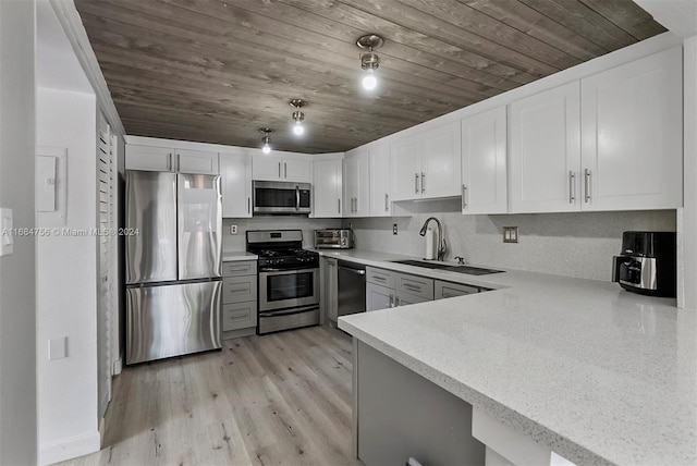 kitchen with white cabinets, stainless steel appliances, light hardwood / wood-style flooring, and wooden ceiling