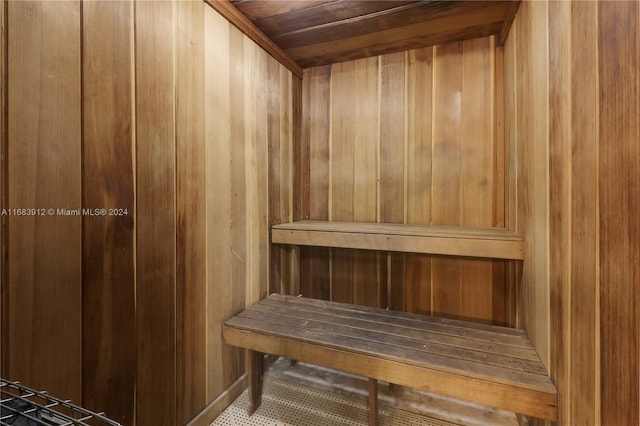 view of sauna featuring wood walls and wooden ceiling