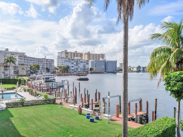 view of water feature with a dock