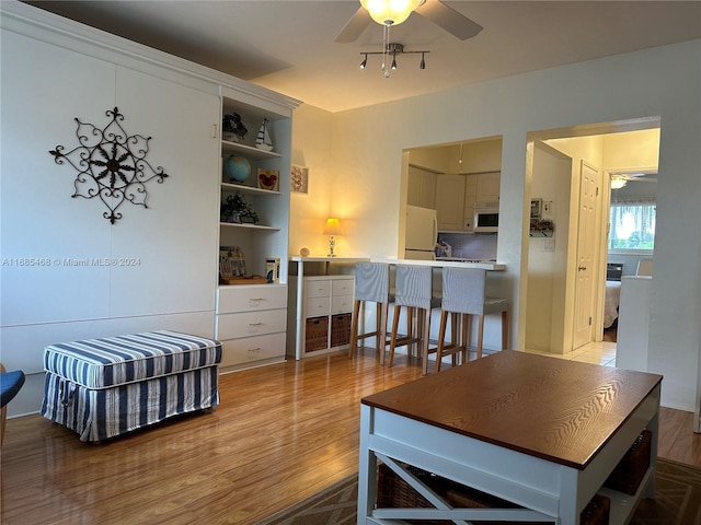 interior space featuring ceiling fan and light wood-type flooring