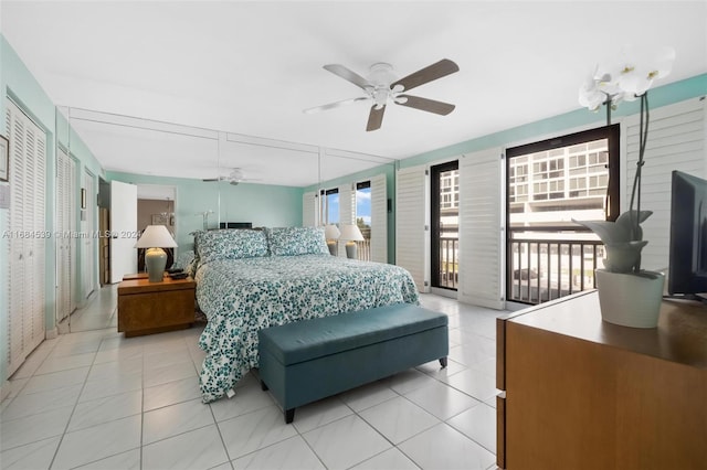 3100 NE 48th St Unit 210, Fort Lauderdale, FL 33308 - bedroom with light tile patterned flooring, access to exterior, and a ceiling fan