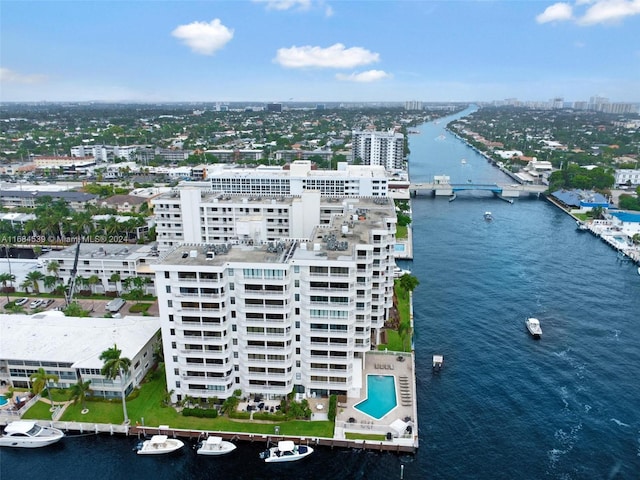 bird's eye view with a water view