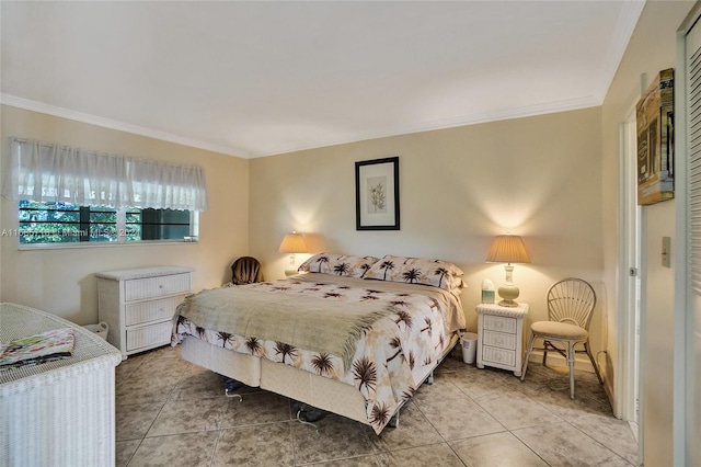 bedroom featuring ornamental molding and tile patterned flooring