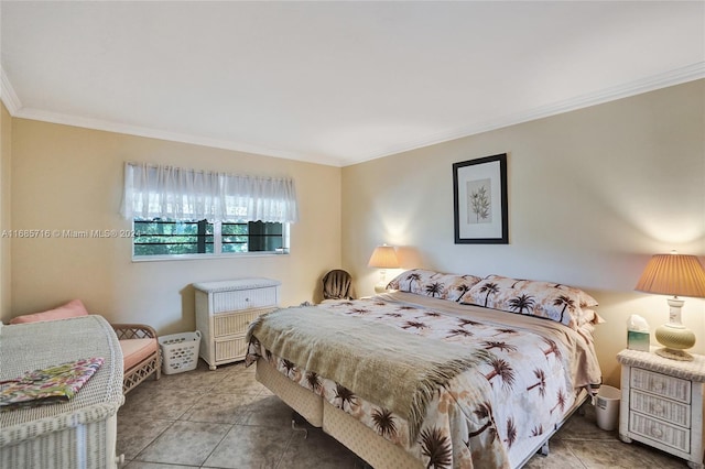 bedroom with crown molding and light tile patterned flooring