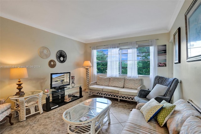 living room featuring ornamental molding and light tile patterned flooring