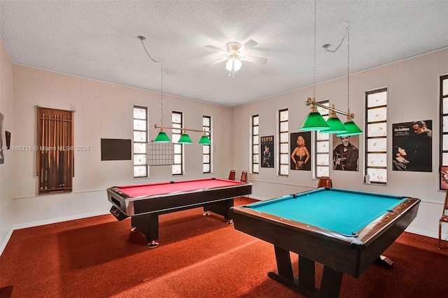 rec room featuring carpet, a textured ceiling, billiards, and ceiling fan