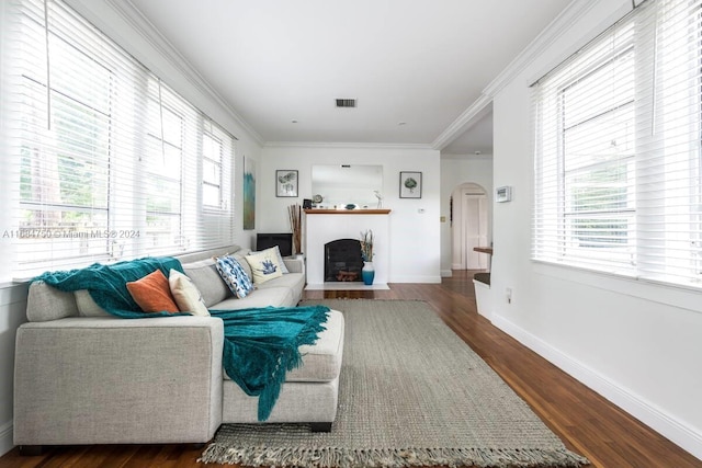 living room featuring dark hardwood / wood-style flooring, ornamental molding, and plenty of natural light