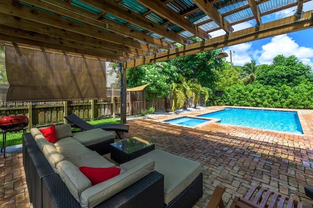 view of swimming pool featuring a pergola, a patio, and an outdoor hangout area