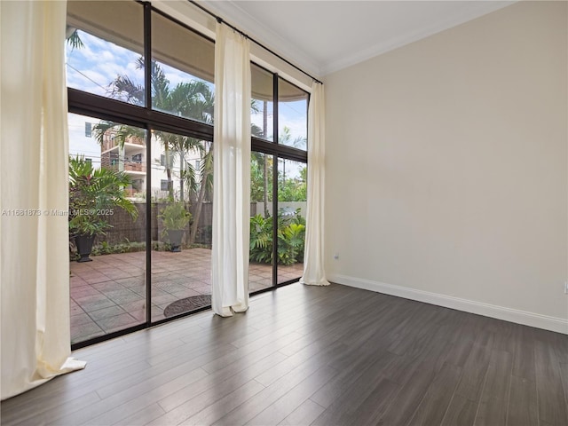 spare room with dark wood-type flooring, baseboards, ornamental molding, and floor to ceiling windows