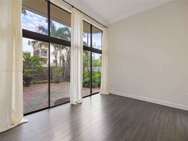 unfurnished room with dark wood-type flooring and ornamental molding