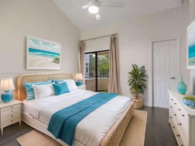 bedroom featuring dark wood-type flooring, access to outside, a ceiling fan, and high vaulted ceiling