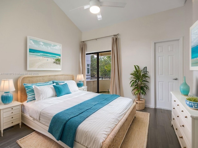 bedroom with access to exterior, vaulted ceiling, dark hardwood / wood-style floors, and ceiling fan