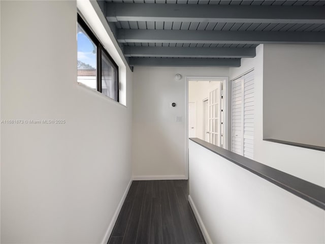 corridor featuring beamed ceiling, wood ceiling, and dark hardwood / wood-style floors