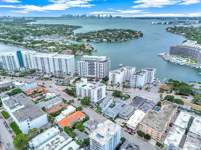 aerial view featuring a water view