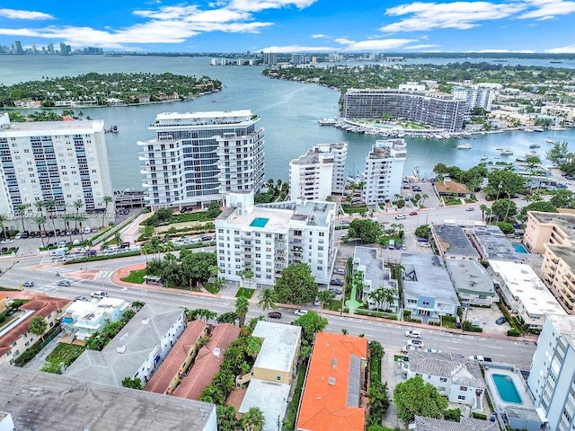 drone / aerial view featuring a water view