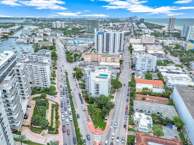 bird's eye view with a water view