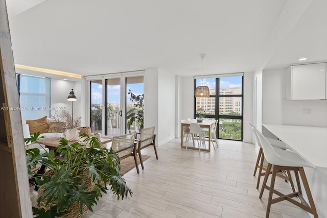 dining room featuring a healthy amount of sunlight, a wall of windows, and light hardwood / wood-style flooring