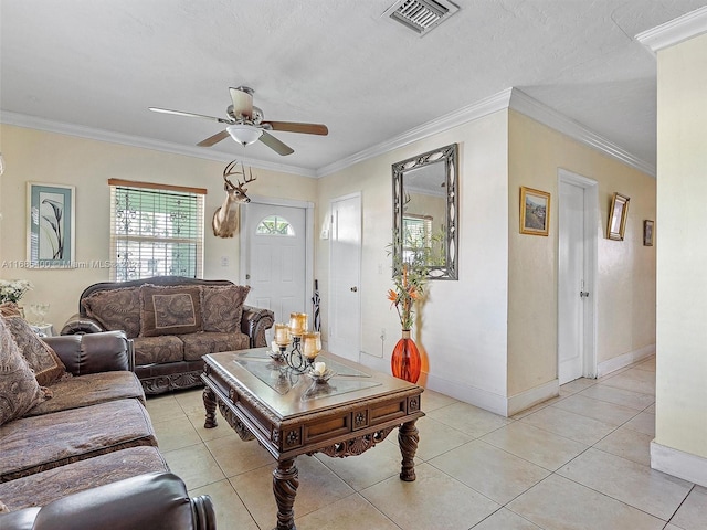 tiled living room featuring crown molding, a textured ceiling, and ceiling fan