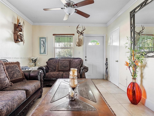 tiled living room featuring crown molding and ceiling fan