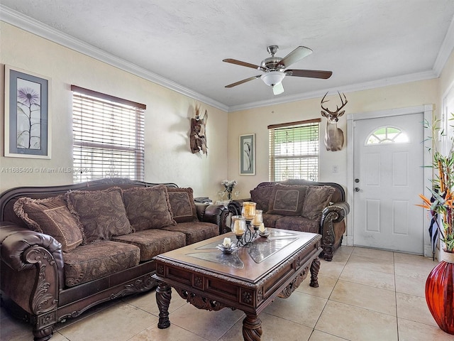 710 E 39th St, Hialeah, FL 33013 - living area featuring crown molding, a ceiling fan, and light tile patterned floors