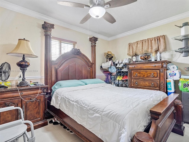 bedroom featuring ornamental molding and ceiling fan