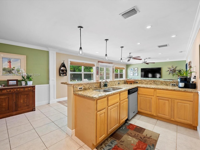 kitchen featuring kitchen peninsula, dishwasher, crown molding, decorative light fixtures, and sink