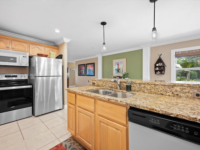 kitchen with appliances with stainless steel finishes, sink, pendant lighting, crown molding, and light brown cabinets