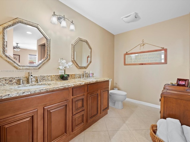 bathroom with vanity, ceiling fan, toilet, and tile patterned floors