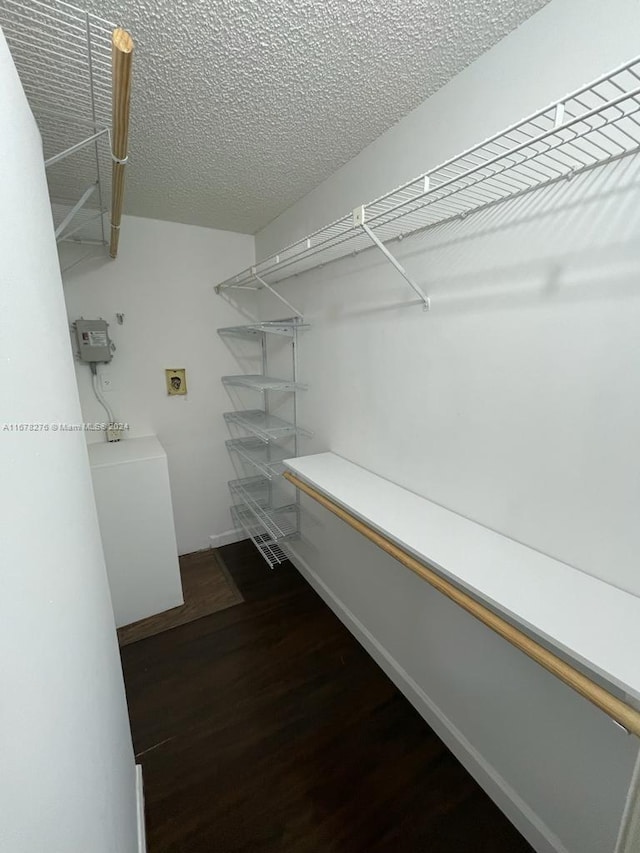 walk in closet with dark wood-type flooring