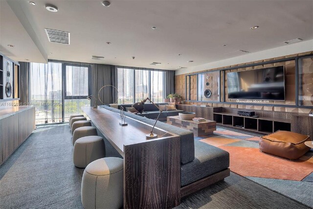 carpeted living room with expansive windows