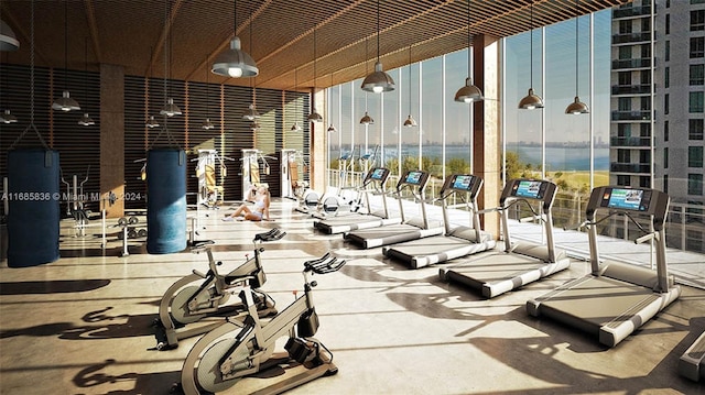 workout area with floor to ceiling windows