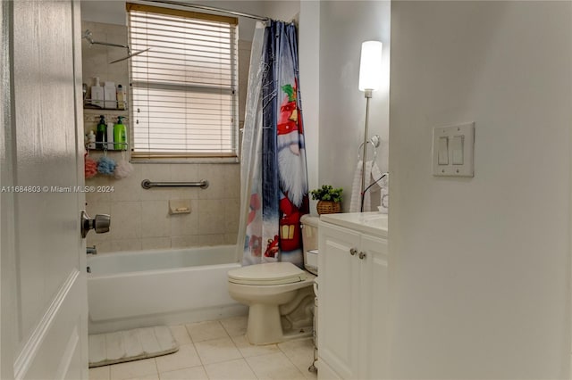 full bathroom with tile patterned floors, vanity, toilet, and shower / tub combo with curtain