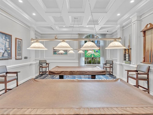 sitting room with beamed ceiling, coffered ceiling, and ornamental molding