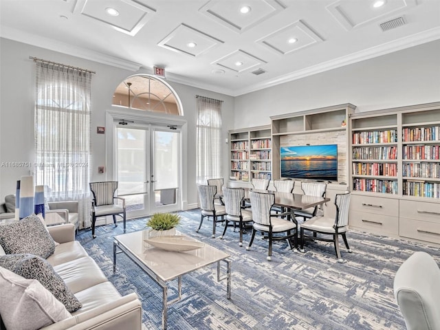 living room featuring french doors, ornamental molding, beamed ceiling, and coffered ceiling