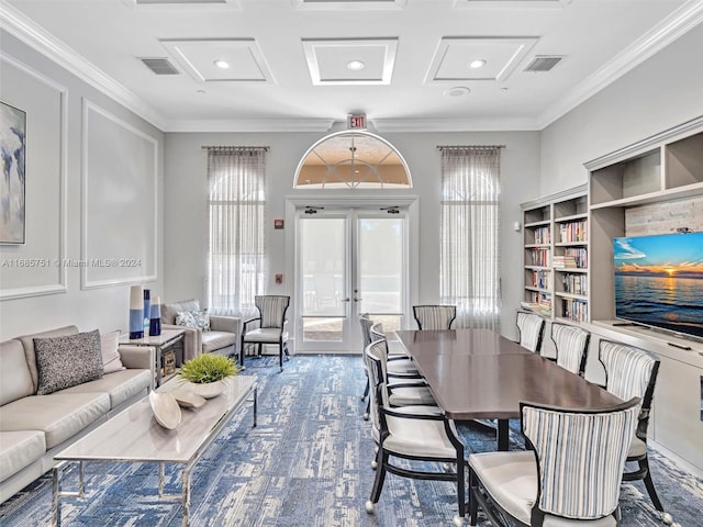 dining space featuring crown molding, beamed ceiling, built in features, french doors, and coffered ceiling