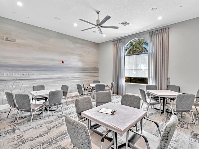 dining room with recessed lighting, ceiling fan, wood finished floors, baseboards, and a textured ceiling