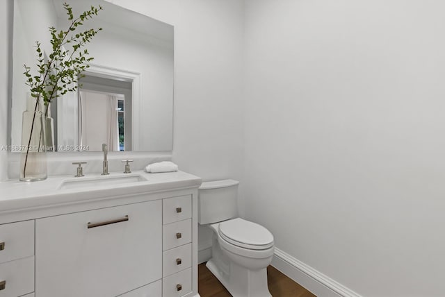 bathroom with vanity, toilet, and wood-type flooring