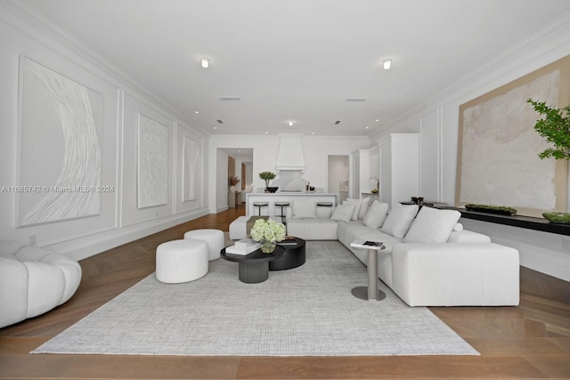 living room featuring ornamental molding and parquet floors