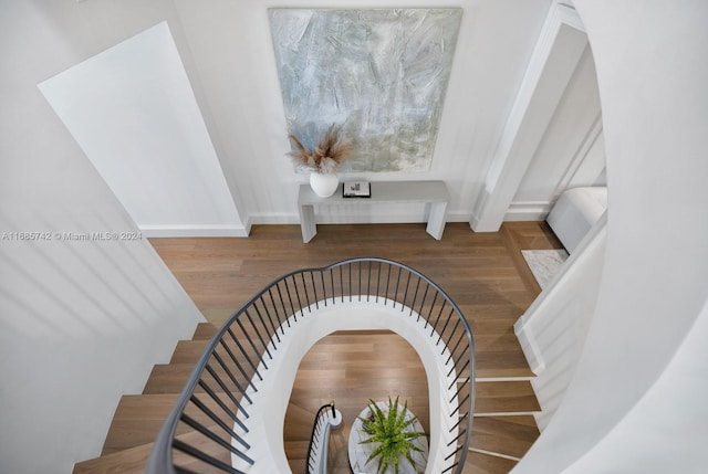 stairs with hardwood / wood-style floors