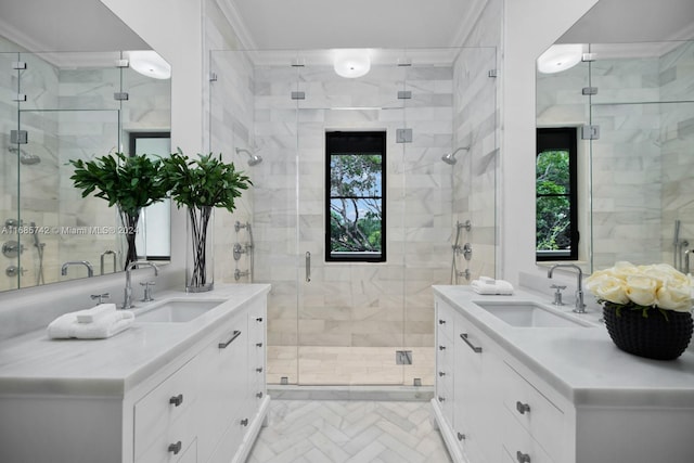 bathroom featuring vanity, walk in shower, and ornamental molding