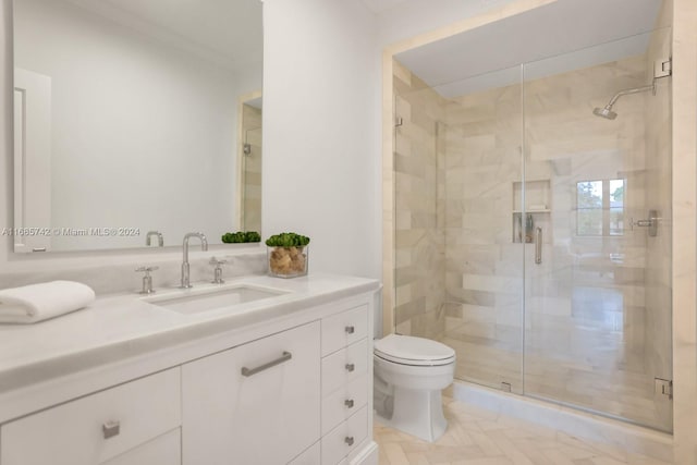 bathroom featuring vanity, walk in shower, and toilet