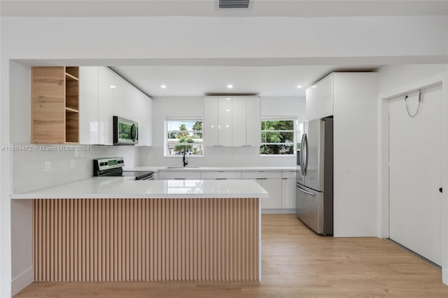 kitchen with appliances with stainless steel finishes, sink, kitchen peninsula, white cabinetry, and light hardwood / wood-style floors