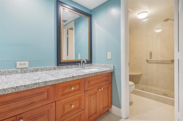 bathroom with vanity, toilet, an enclosed shower, and tile patterned flooring