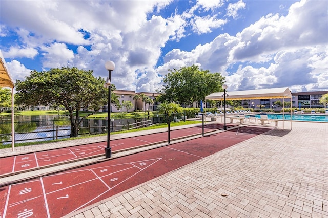 view of community featuring a swimming pool and a water view