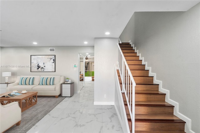 34 Meacham Ln, Tamarac, FL 33319 - stairs with a ceiling fan, marble look tiles, and recessed lighting