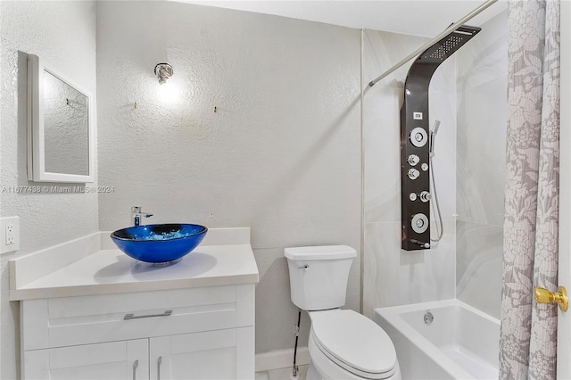 full bathroom with vanity, toilet, and shower / bathtub combination with curtain