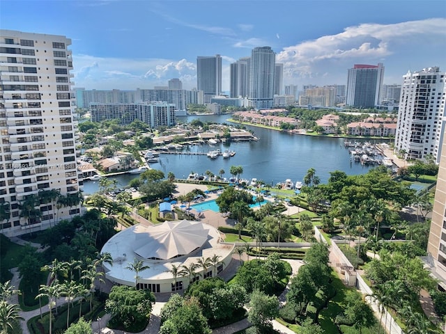 birds eye view of property featuring a water view