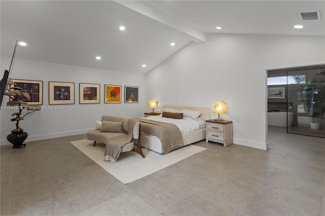 bedroom featuring access to exterior and vaulted ceiling with beams