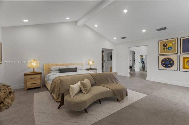 bedroom with vaulted ceiling with beams