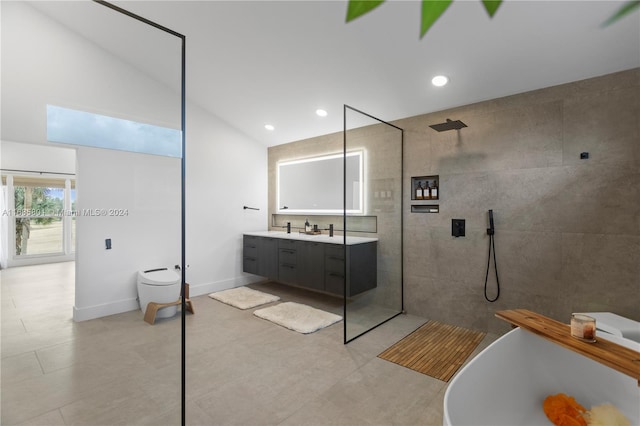 bathroom with vanity, toilet, a shower, and vaulted ceiling